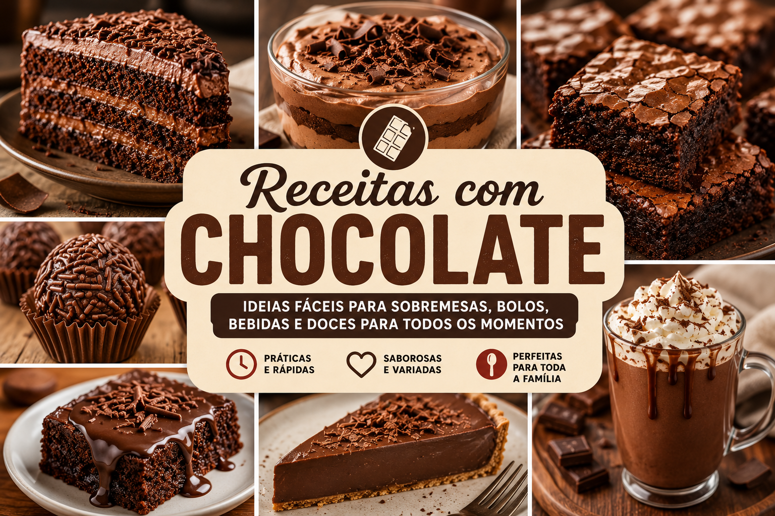 Receitas com chocolate fáceis para sobremesas, bolos e bebidas